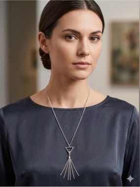 Silver Geometric Triangle Tassel Pendant Long Chain Statement Necklace Boho